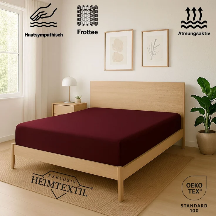 EXKLUSIV HEIMTEXTIL Frottee Spannbettlaken Rundumgummizug Marke 90 x 200 cm Bordeaux 80% Baumwolle 20% Polyester Öko - Tex Zertifiziert Bed-Sheet Bettlaken Spannbetttuch Topper Leinentuch – Bild 2