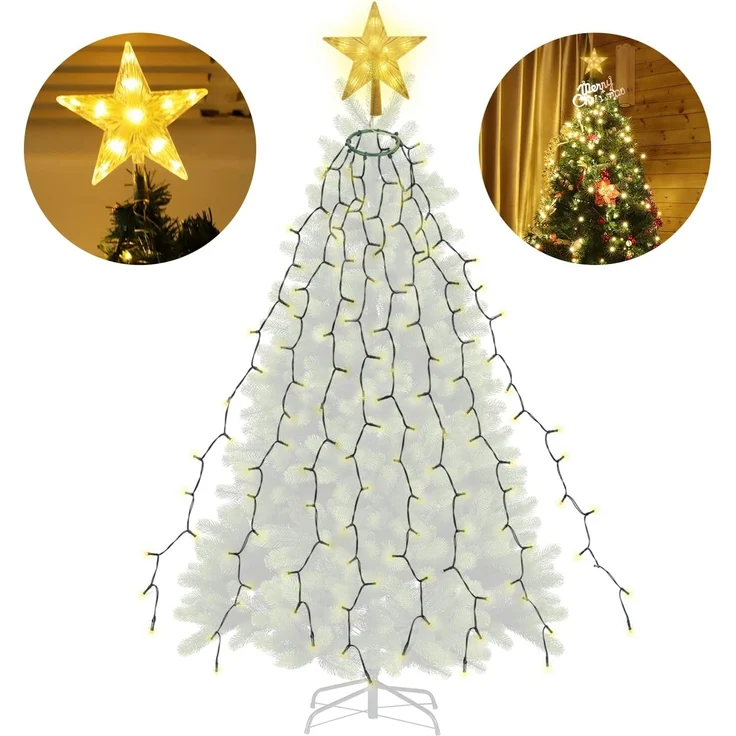 SALCAR 2m Lichterkette Weihnachtsbaum mit Ring und Sternspitze, 280er LED Tannenbaum Beleuchtung Innen, 8 Stränge Überwurf Lichterkette, Warmweiß – Bild 6