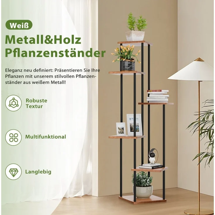 MULISOFT Blumenständer Pflanzenständer indoor 6 Etagen Pflanzenregal Blumentreppe (Metall Holz), Balkon Deko Schlafzimmer Blumentopf Zimmerpflanzen Pflanztisch – Bild 2