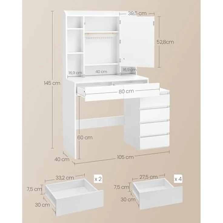 VASAGLE Kailyn Kollektion - Schminktisch mit LED-Beleuchtung, Frisiertisch mit Steckdosenleiste, Spiegel, Kosmetiktisch mit verstellbaren Ablagen, modern, 40 x 105 x 145 cm, wolkenweiß RDT144WB01 – Bild 6