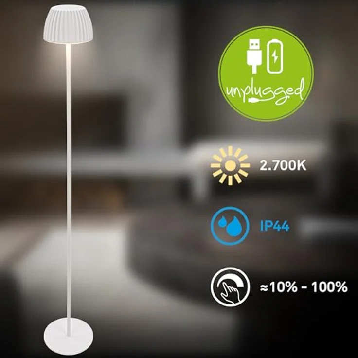 BRILONER - Riffle LED Stehlampe kabellos IP44 mit Touch, 19x124 cm, dimmbar, Memoryfunktion, Akku tauschbar, Akku Stehleuchte, Leselampe, Wohnzimmerlampe, German Design Award Winner 2025, Weiß – Bild 4