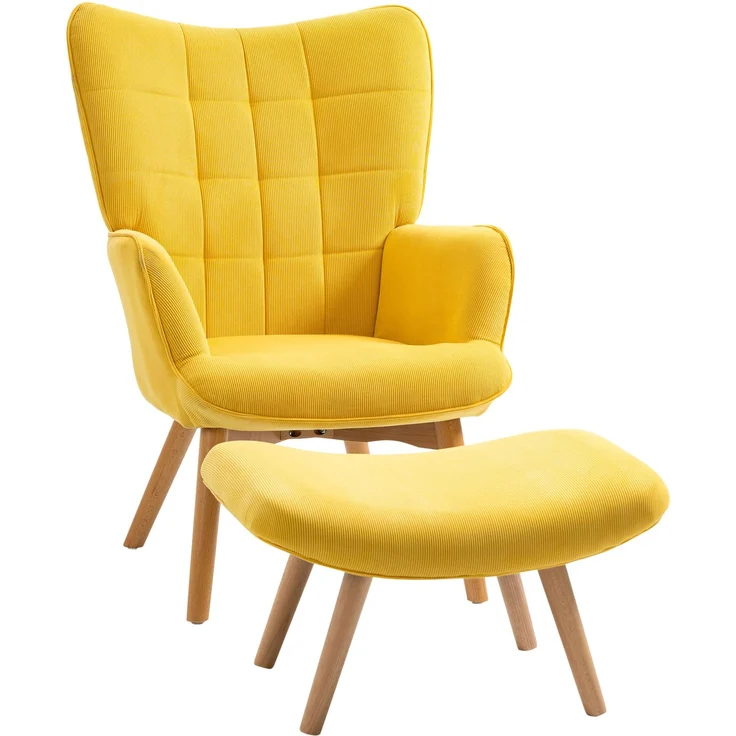 Relaxsessel Loungesessel Ohrensessel mit Hocker in Gelb, Armlehnstuhl mit Holzbeinen, Cord-Optik für gemütliches Sitzen--Gelb--72x80x101cm--YOUDENOVA – Bild 1