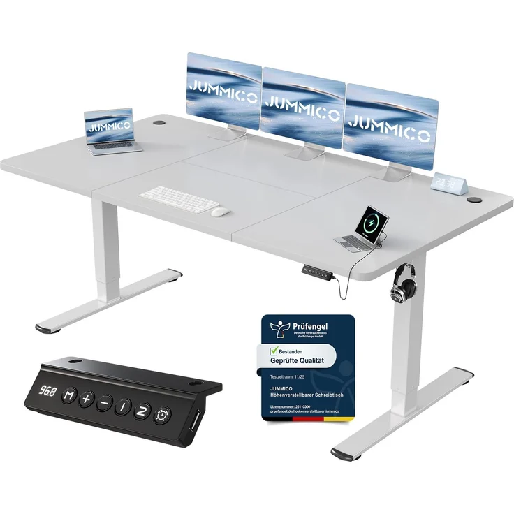 JUMMICO Schreibtisch elektrisch höhenverstellbar mit USB-Ladeanschluss, Grau, 180x80 cm