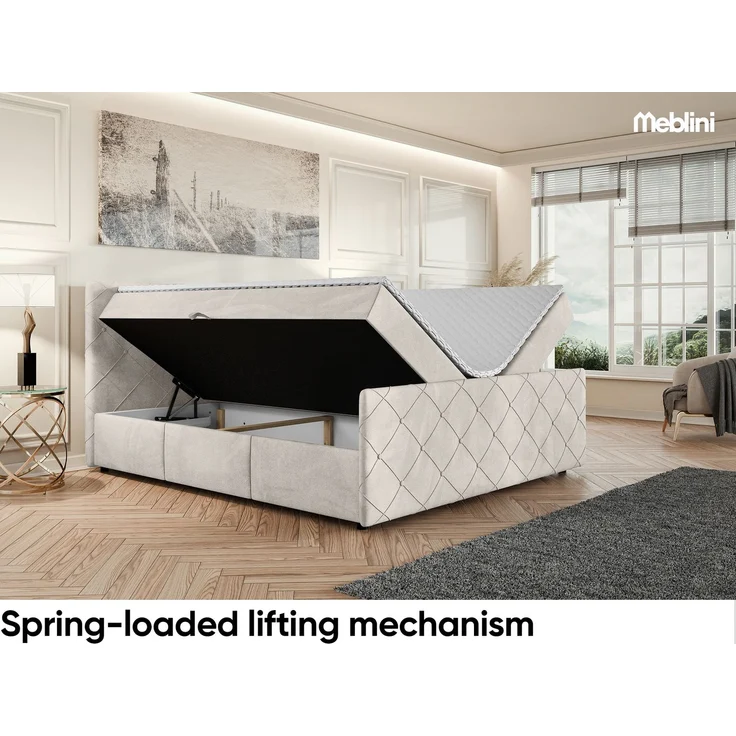 MEBLINI Boxspringbett HENRY 180x200cm - H3B/Beige Samt - mit Bettkasten - Polsterbett - Doppelbett mit Topper & Bonellfederkern-Matratze – Bild 3
