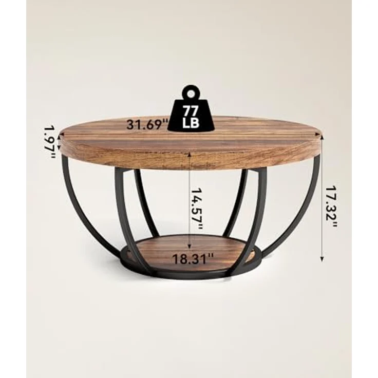 LITTLE TREE Kaffeetisch rund, 81,3 cm Beistelltisch aus Holz, 2-Etagen Couchtisch mit offener Ablage, industrieller Akzenttisch für Wohnzimmer, rustikales Braun/Schwarz – Bild 3
