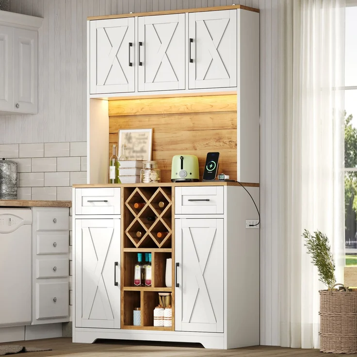 Küchenschrank, hoher Stauraumschrank mit LED-Beleuchtung, Vorratsschrank mit Weinregalen, Weinschrank & Vitrinenschrank für Wohnzimmer und Esszimmer, 180 × 105 × 40 cm--Natur + Weiß2--105x40x180cm--YOUDENOVA – Bild 3