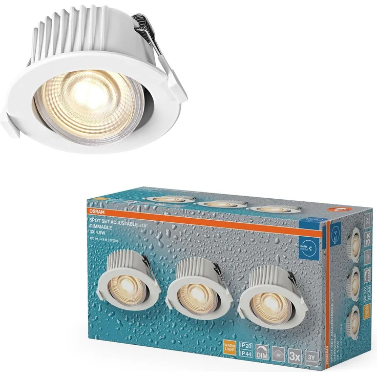 Osram Spot Set LED Einbaustrahler DIM IP44 4,9W Weiß, 3er Set Badezimmer dimmbar schwenkbar, warmweiß 2700K