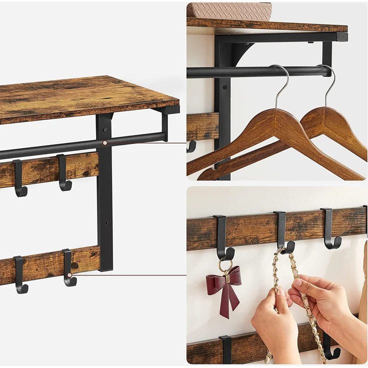 Vasagle Wandgarderobe, Schuhbank, Wandregal mit Ablage und 10 Haken, Schuhregal mit 3 Ebenen, Aufbewahrung, Metallgestell, für Flur, Eingangsbereich, Industrie-Design, vintagebraun-schwarz – Bild 6