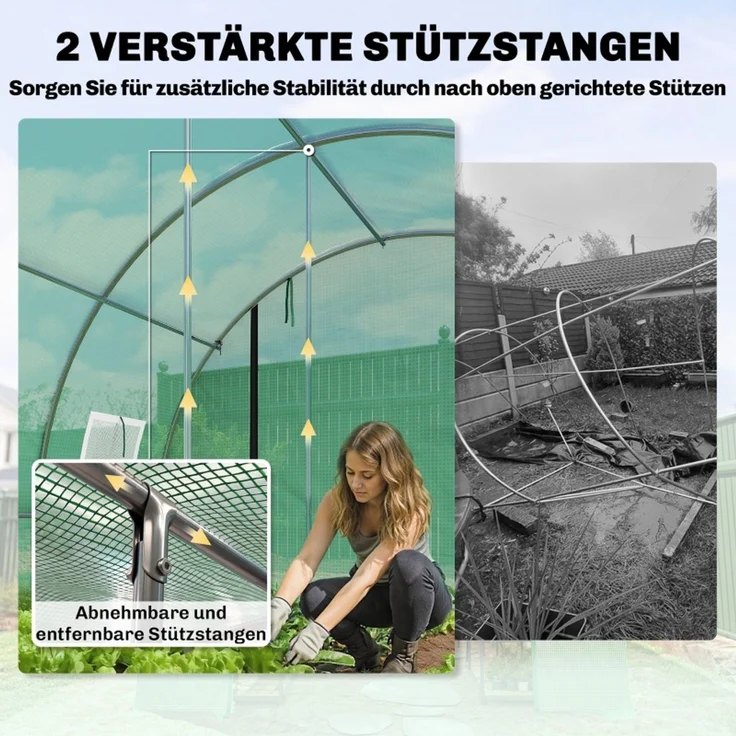 Wohnora-Gewächshaus ca 4 x 3 x 2 m Foliengewächshaus mit Rollbar 2 Reißverschlusstür & 8 Netzfenster Stützstangen Grün,H 200cm x T 400cm x B 295cm – Bild 3