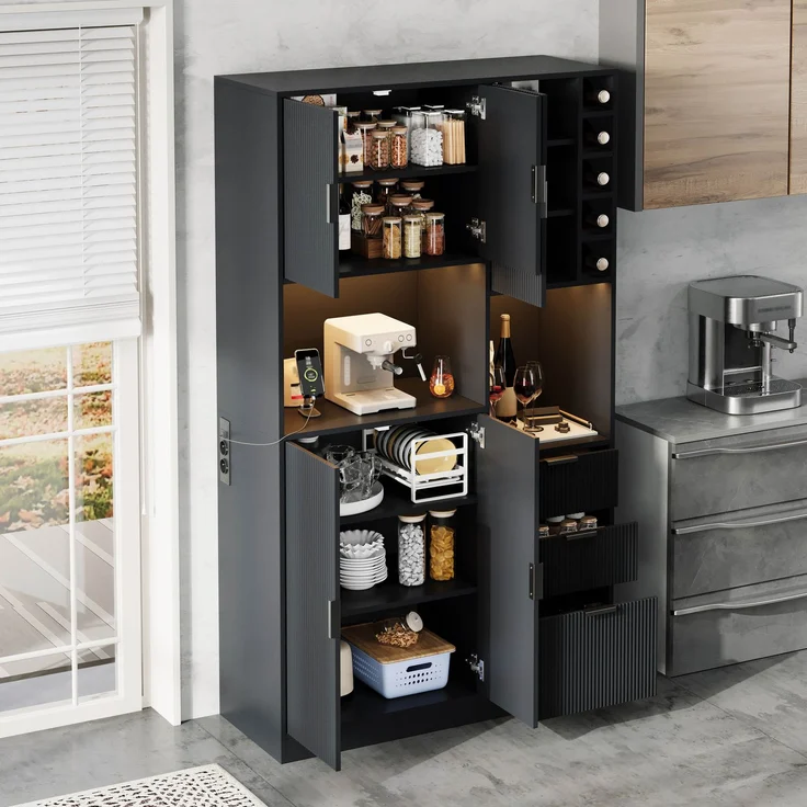 ZUBALIYA Weinschrank 105x40x180 cm, mit LED-Beleuchtung, mit Steckdosen, mit verstellbaren Einlegeböden, aus MDF, Schwarz – Bild 14