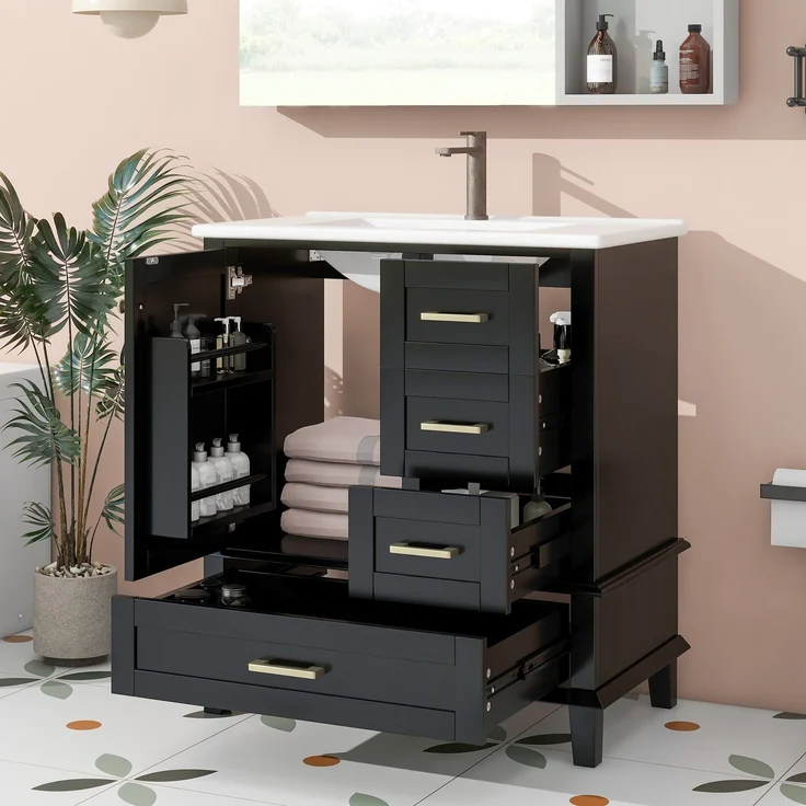 76x46x83,5cm schlichter Badezimmerschrank, komplett lackiert, Türregal, drei geräuschlose Schubladen, verstellbare Regale, integriertes Keramikwaschbecken, Schwarz – Bild 3