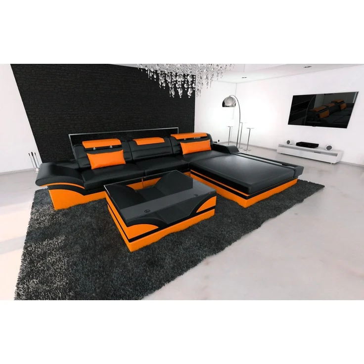 Mini Designer Ledersofa Parma L-Form - Kunstleder - Schwarz-Orange - Rechts – Bild 6