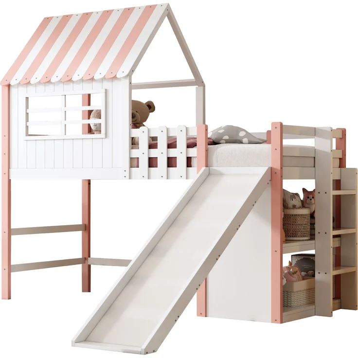 Kinderbett, 90 x 200 cm Dachboden-Design mit Sicherheitsleiter und Sicherheitsrutsche, mehrstöckige Ablagefächer, Multifunktionsbett Massivholzbett Einzelbett Hochbett, Holz, Rosa, 90 x 200 cm – Bild 2