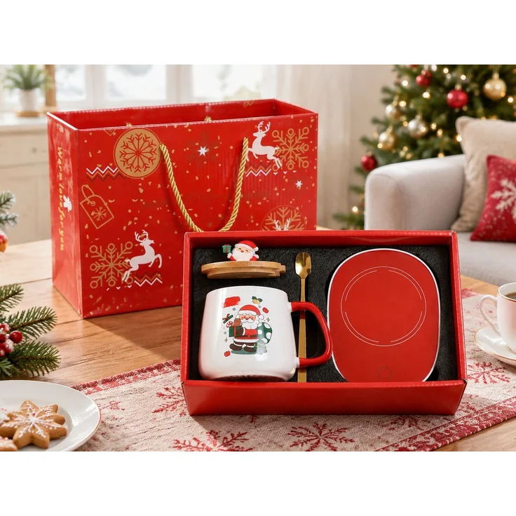 Weihnachtsbecher Geschenkset Kaffeetasse aus Keramik mit Weihnachtsmann und Deckel Rot 28 x 16 x 23 cm – Bild 2