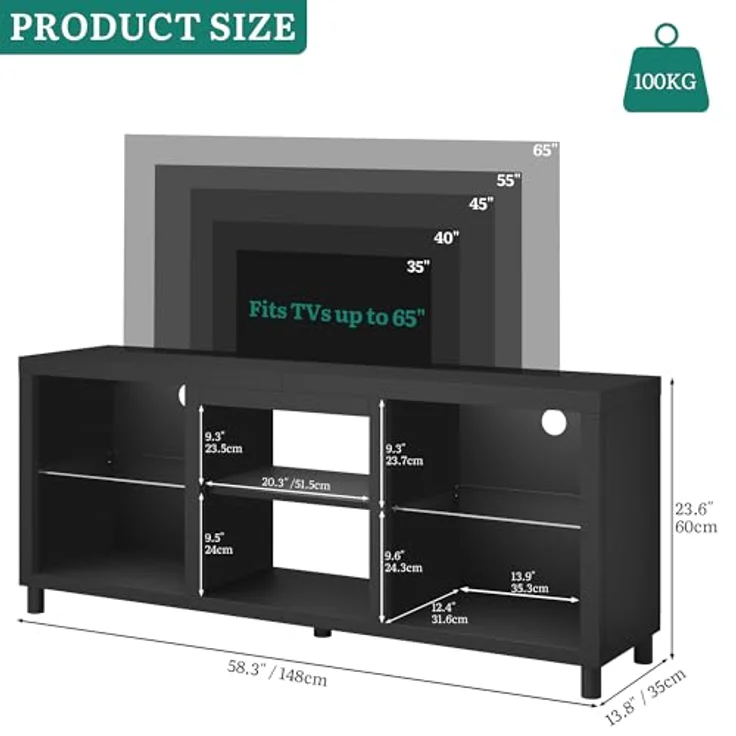 YITAHOME TV Schrank, Lowboard für 65 Zoll & kleinere TVs mit RGB LED-Beleuchtung, 148cm TV Board mit verstellbaren Glasböden, integriertes Kabelmanagement, Fernsehtisch für Wohnzimmer (Schwarz) – Bild 2