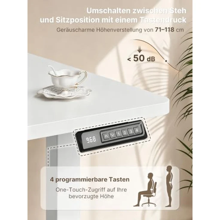 JUMMICO Höhenverstellbarer Schreibtisch 140x70 cm mit Steckdose | Schreibtisch Höhenverstellbar Elektrisch Stehtisch, Steh-Sitz Tisch, Bürotisch Computertisch, Wolkenweiß – Bild 4