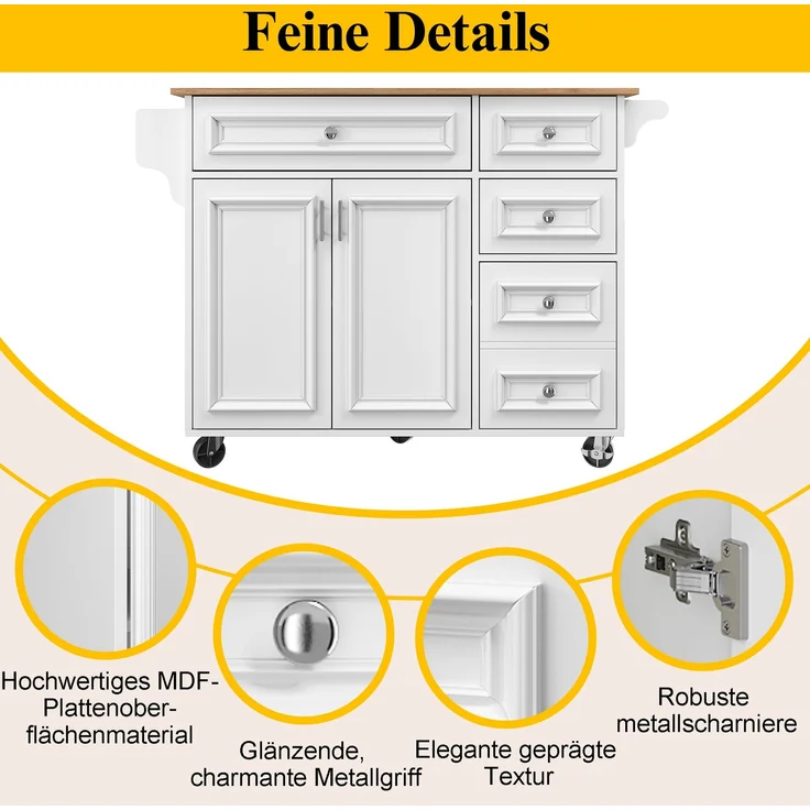 Kücheninsel aus MDF mit klappbarer Tischplatte, 110x45/75x92 cm, Weiß – Bild 4