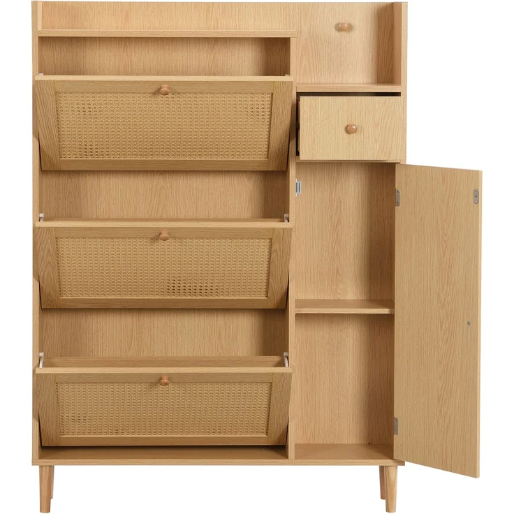 Merax Schmal Schuhschrank mit 3 Klappen, Rattan Schuhschrank Schuhkipper mit Schublade und Tür, Schuhkommode mit Verstellbarer Ablage, Naturbelassen – Bild 8