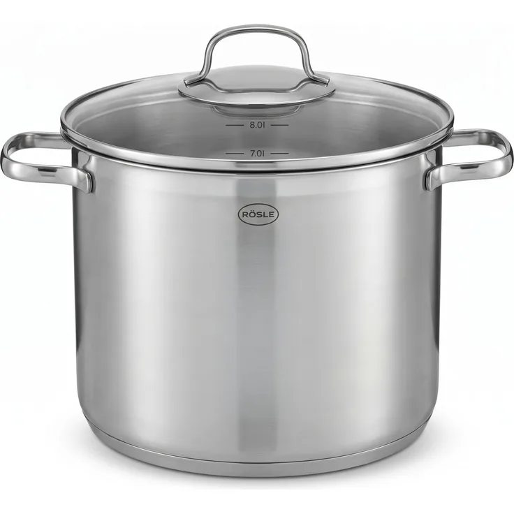 RÖSLE ELEGANCE Gemüse/Partytopf, Hochwertiger Edelstahltopf zum Kochen großer Mengen, 8 Liter, Edelstahl 18/10, Innenskalierung, Induktionsgeeignet, Spülmaschinengeeignet, 33x25. 5x28 cm