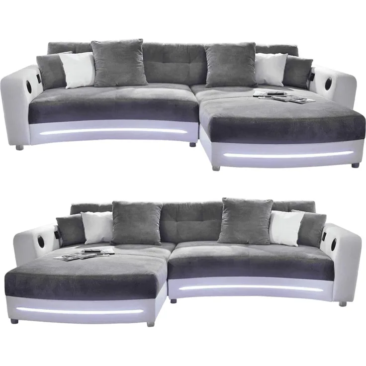 Multimedia-Ecksofa Couch mit RGB-LED Bluetooth Soundsystem USB in Grau / Weiß