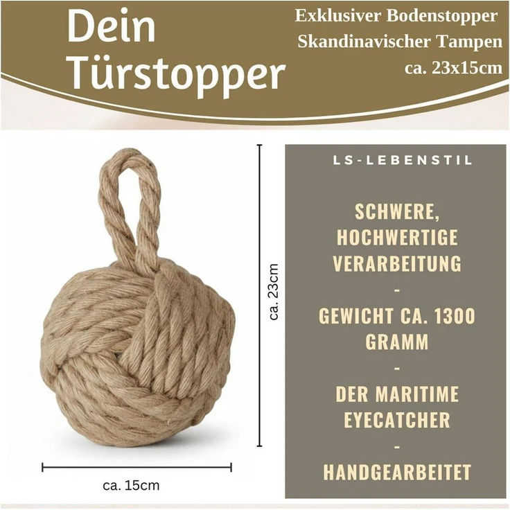 LS-LebenStil Bodentürstopper Boden Türstopper Malmö 23cm Beige Braun 1,3kg Jute Knoten Tragegriff (Handgearbeitet Bodenstopper Türpuffer Türhalter Türsack Türkeil Tür Stopper Sack Fensterstopper Boden Stopper Buchstütze, 1 St) – Bild 2