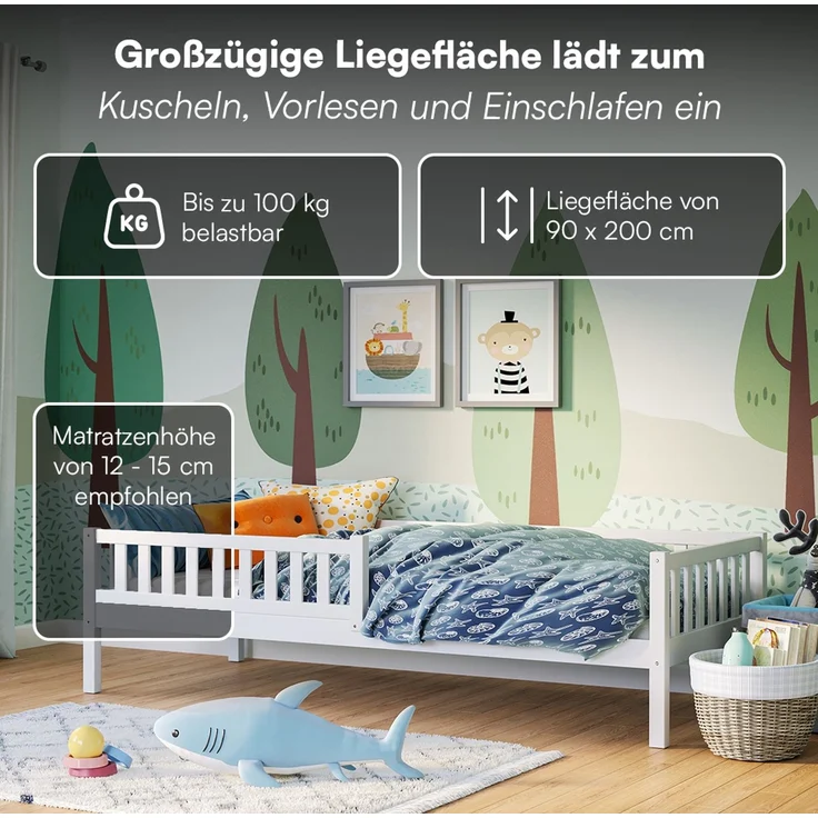 Bellabino 'Vils' Kinderbett 90x200 cm mit Matratze, weiß, Kiefer Massivholz, Montessori Bett mit Lattenrost und mit abnehmbarem Rausfallschutz – Bild 4