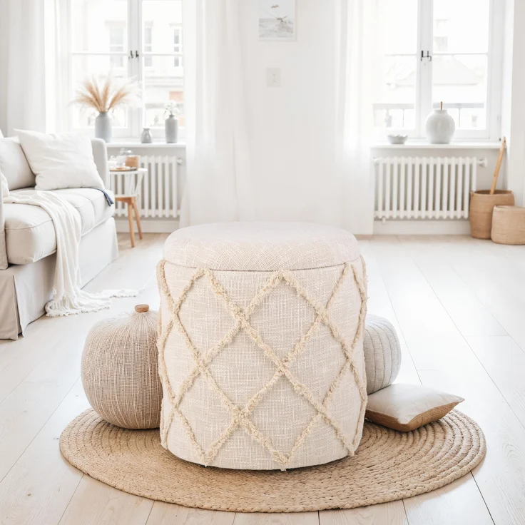 Sitzhocker mit Stauraum rund 40x40x45 cm Baumwolle Creme Boho Design abnehmbarer Deckel – Bild 2