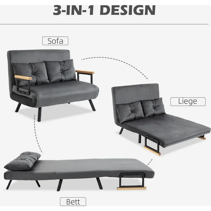 HOMCOM Schlafsofa Polstersofa mit Verstellbarer Rückenlehne, Zweisitzer, Relaxsessel 1 Teile, für Wohnzimmer, Dunkelgrau – Bild 3
