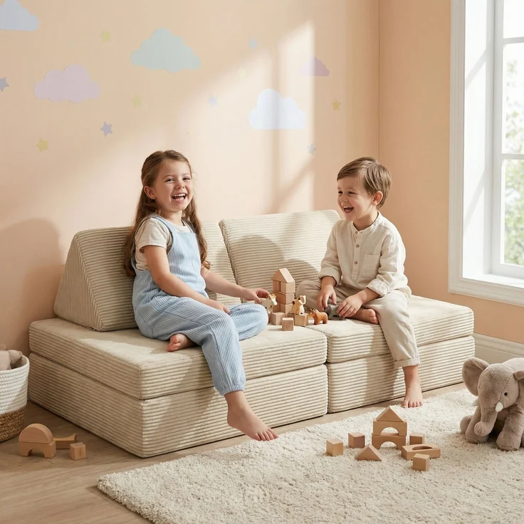 Bellabino 'Nile' Spielsofa mini, 4-tlg, Cord, beige, faltbare Kindercouch, abnehmbarer & waschbarer Bezug, Kleinkindsofa aus Schaumstoff, bis 6 Jahre, Oeko-Tex zertifiziert – Bild 2
