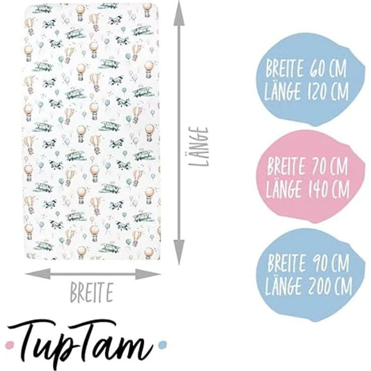 TupTam Spannbettlaken Baby, für Babybett/Kinderbett, 2er Pack, Füchse im Flugzeug / Grün, 70 x 140 cm – Bild 3