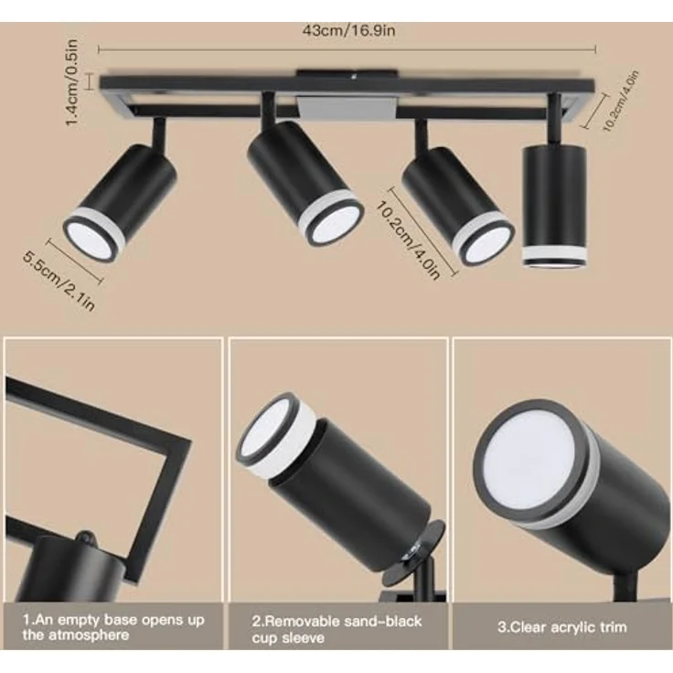 Dehobo LED Deckenstrahler 4 Flammig Schwarz GU10, Deckenlampe Strahler Schwenkbar 350°, Deckenspots für Küche Schlafzimmer Wohnzimmer, Ohne Leuchtmittel – Bild 4
