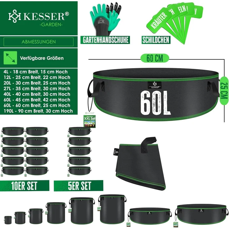 KESSER Pflanzkübel, 10er-Set, Pflanzsäcke aus Vlies Kartoffel Pflanzsack Pflanztasche, 60L, 60x25 cm – Bild 6