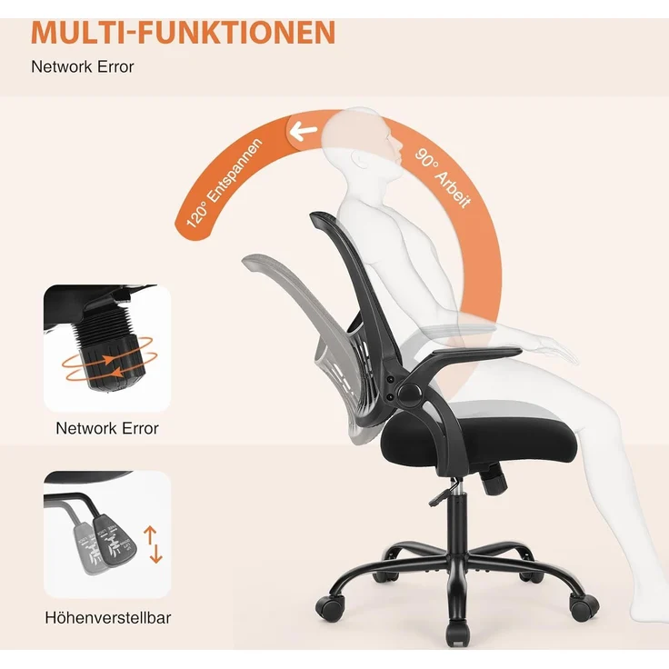 Sweetcrispy Bürostuhl mit Verstellbaren Armlehnen, Ergonomischer Schreibtischstuhl mit Lendenwirbelstütze, Höhenverstellbar, 360° Drehstuhl Gepolstertem Sitzkissen für das Büro Arbeitszimmer, Schwarz – Bild 6