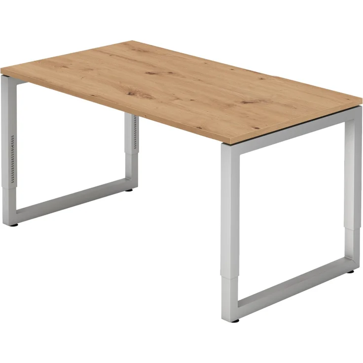 bümö höhenverstellbarer Schreibtisch R-Serie 140x80 cm in Asteiche, Gestell in Silber - PC Tisch klein für's Büro manuell höhenverstellbar, Computertisch verstellbar, RS-14-R-S – Bild 1