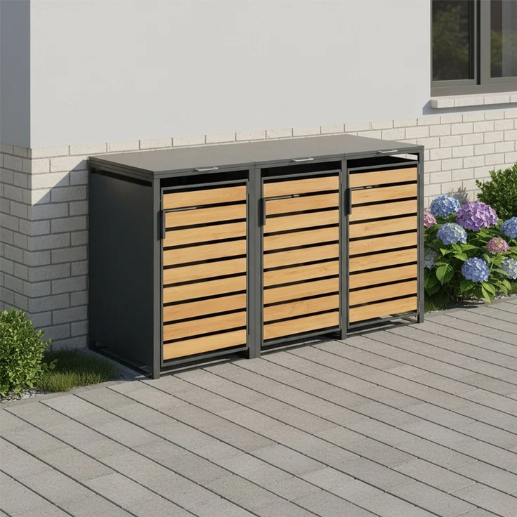 STEELSØN 'Kestra' Mülltonnenbox 3er je 240 Liter, anthrazit mit Holzoptik, Mülltonnenverkleidung aus Stahl, wetterfest, 116x80x203 cm, Müllbox für 3 Tonnen – Bild 2