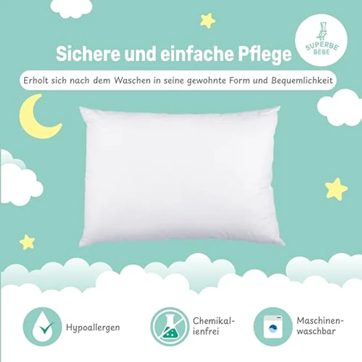 Öko-Tex-Baumwoll-Kinderkissen Weiß - Perfektes Kopfkissen für Kinder von 1 bis 3 Jahren - 33x45 cm Sanftes, hypoallergenes Kissen, leicht zu waschen - Hervorragend für den Schlafbereich und unterwegs – Bild 6