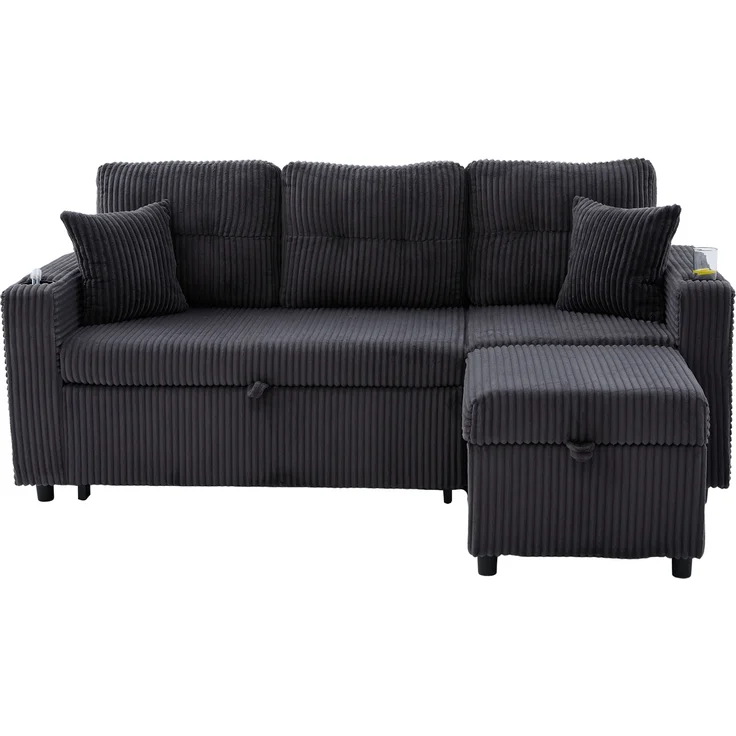 LVHOM Schlafsofa mit LED & USB, Ecksofa mit Ablagefächern, Schublade und Becherhaltern, Schlafcouch aus Cordstoff, frei Kombination, 196x144x85 cm – Bild 2