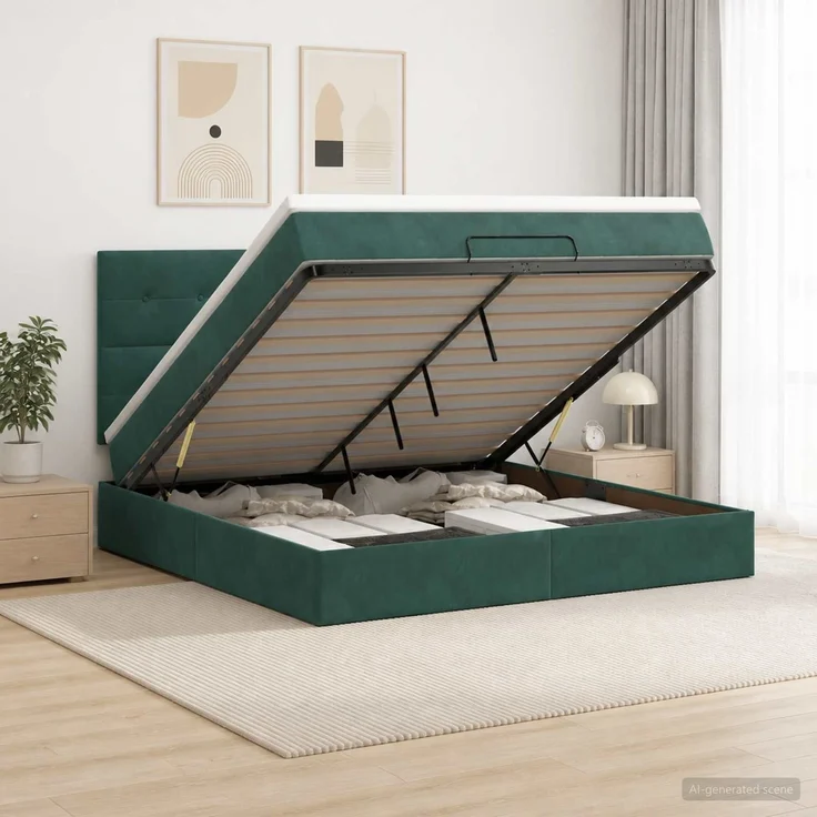 vidaXL Ottoman-Bett mit Matratze und LED Dunkelgrün 160 x 200 cm Samt 3458316 – Bild 1