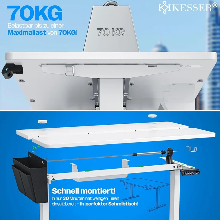 KESSER® Höhenverstellbarer Schreibtisch elektrisch, Ergonomisch Steh-Sitz Schreibtisch, 3-Funktions-Memory Steuerung, Inkl. 360° Rollen & USB-Ladeanschluss, Computertisch für Homeoffice, Weiß, 100 x 60 cm – Bild 6