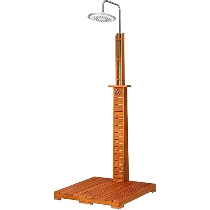 CASARIA® Gartendusche FSC®-zertifiziertes Eukalyptusholz 223,5 cm Seifenablage mit Bodenplatte Großer Duschkopf Gartenschlauch Anschluss Holz Garten Pool Camping Dusche