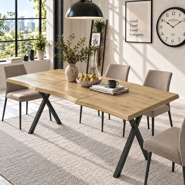 Merax Esstisch 160*78*75cm, geeignet für 4-6 Personen, Wellenförmiges Tischplattendesign, verdickte Tischplatte, X-förmige Eisenbeine, Holzfarbe – Bild 2
