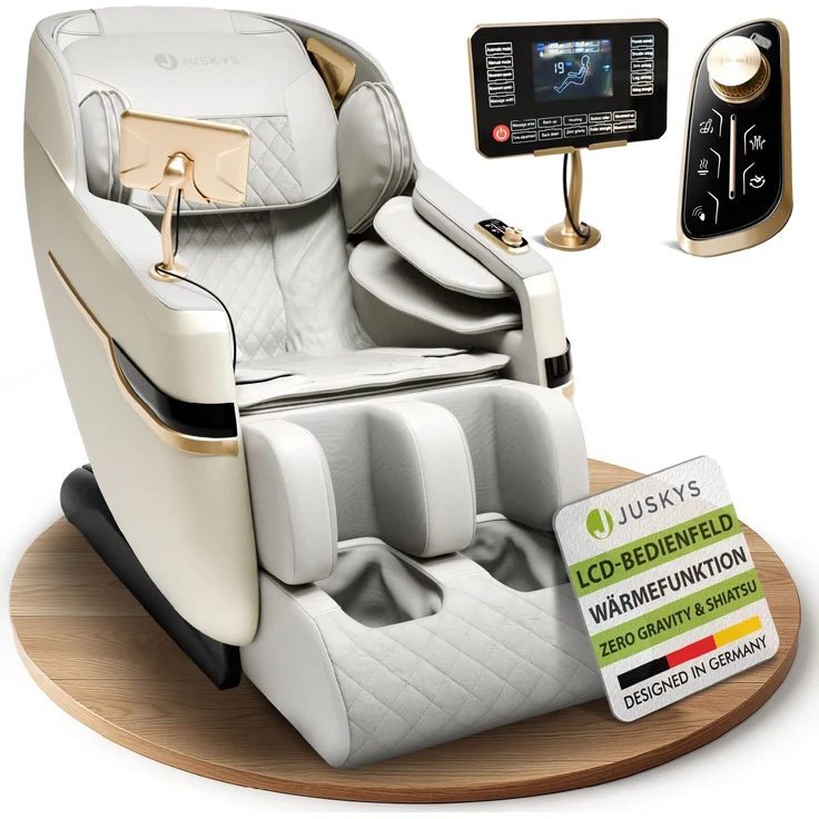 Juskys Massagesessel Naxos, mit LCD-Bedienfeld, Bluetooth, Airbags, Heizung, Rollenmassage, USB & Fußverlängerung, Fix-Point-Technologie - Weiß/Hellgrau – Bild 1
