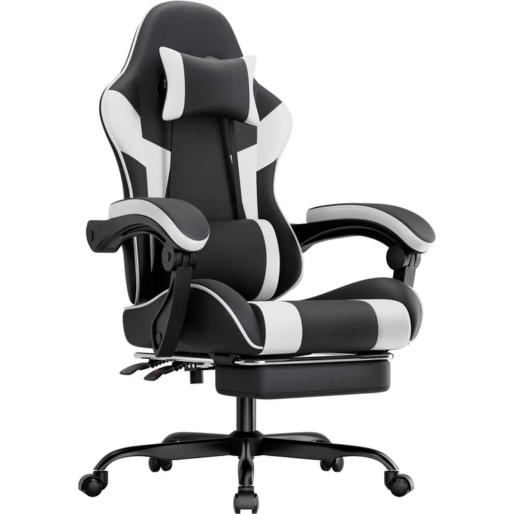 Gamingstuhl aus PVC mit verstellbarer Rückenlehne, Fußstützen und Rollen, 58,5x63x120,5 cm, Schwarz/Weiß – Bild 3