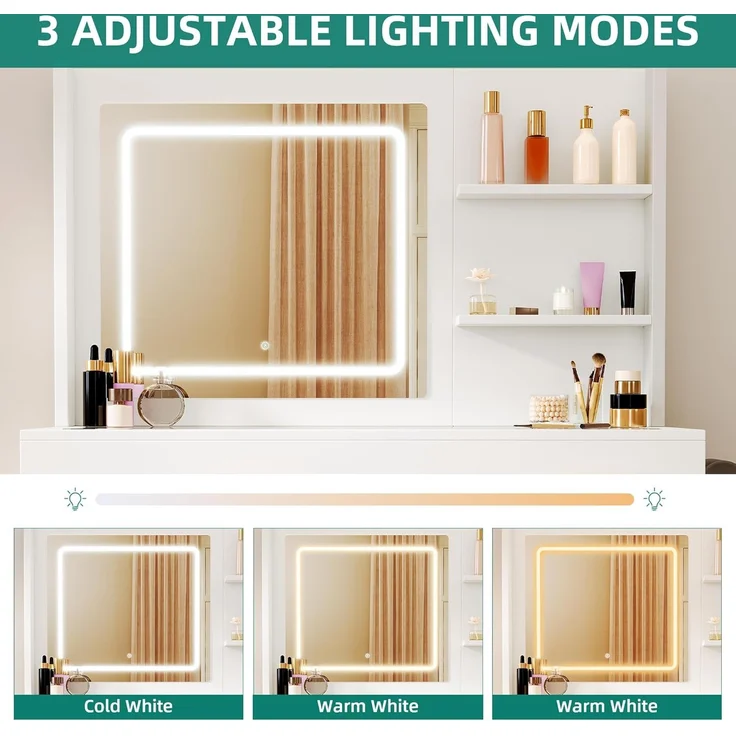 YITAHOME Schminktisch mit Beleuchtung, Dressing Table mit Spiegel Schminktische mit Hocker Farben mit Einstellbarer Helligkeit, Frisiertisch mit 5 Schubladen Offenen Fächern Vanity Table weiß – Bild 3