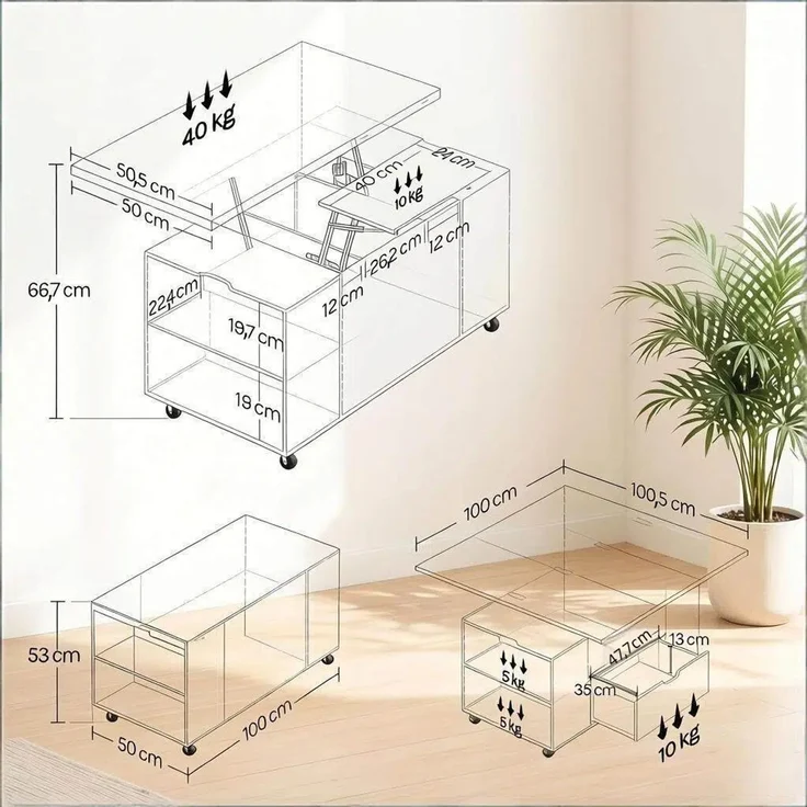 Couchtisch 100 x 50,5 x 53 cm mit Lift-Top, Rollen, Schublade und Metall-Holz-Konstruktion – Bild 5