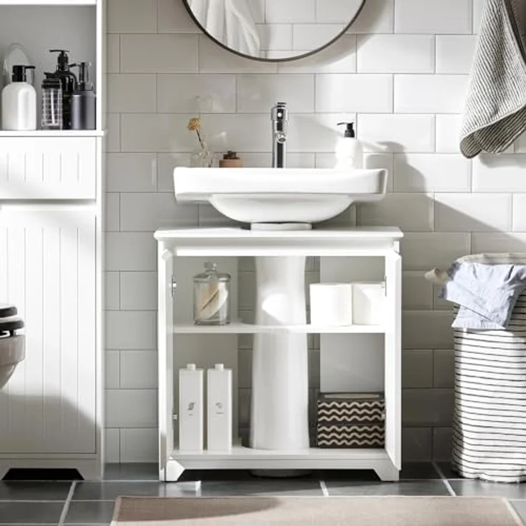 SoBuy Waschbeckenunterschrank BZR108-II-W, 60 cm, 2 Türen, aus MDF in Weiß mit Stauraum für Badutensilien – Bild 4