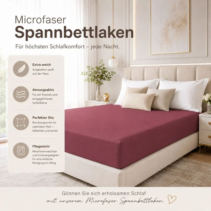 Microfaser Spannbettlaken - Spannbetttuch 180-200x200 cm – Atmungsaktiv, Knitterfrei & Pflegeleicht – OEKO-TEX Bettlaken mit Rundumgummi - Bordeaux – Bild 2
