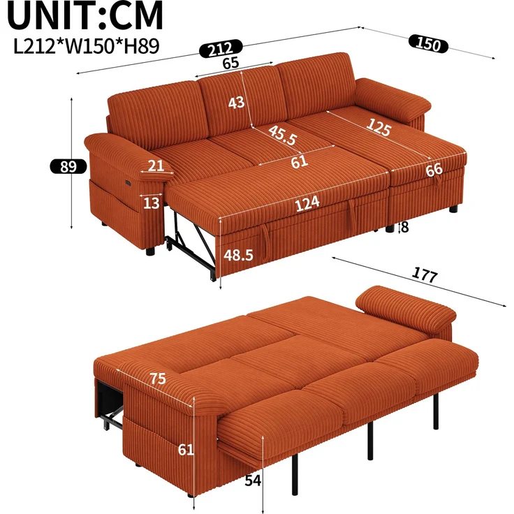 3-Sitzer L-förmiges Ecksofa 212 x 150 x 89 cm mit Schlaffunktion und Stauraum – Bild 4