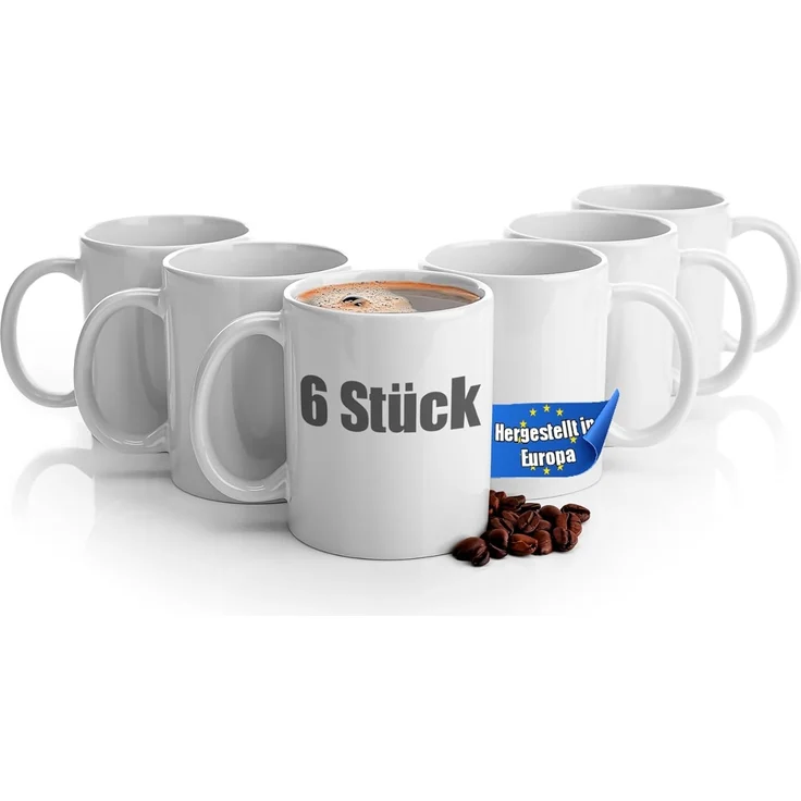 BigDean 6 Stück große Kaffeebecher weiß 300ml spülmaschinenfest aus hochwertigem Porzellan - Tassen zum Bemalen - Kaffeepott Glühweinbecher Kaffeetasse weiß - Kaffeetassen Set groß