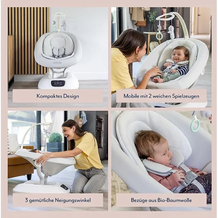Graco Eluma™ Sway elektrische Babyschaukel mit Cry-Detection Technologie, erkennt Babyweinen und reagiert selbstständig, ab Geburt bis ca. 9 Monate (9 kg), 3-fach verstellbarer Sitz, weiß, Rori – Bild 3